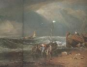 A coast scene with fisherman hauling a boat ashore (mk31) William Turner